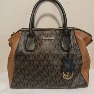 Michael Kors Monogram Satchel Handbag Brown Black Leather Trim Gold Logo